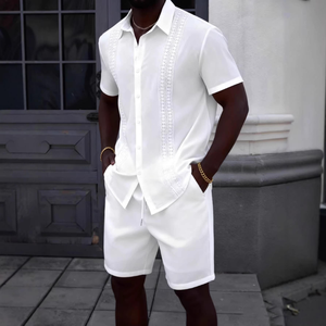 Chemise décontractée à manches courtes pour homme avec bordure en dentelle blanche, idéale pour l'été - Product Image 4