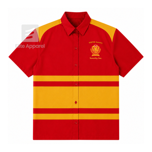 เสื้อเชิ้ตชมรมพี่น้องหญิงแห่งชาติแบบกำหนดเองของฟิเดลต้าคาปา ปักโลโก้ด้านหน้า ลายทางสีแดงและสีทอง สำหรับเครื่องแต่งกายของผู้หญิงชาวกรีก - Product Image 1
