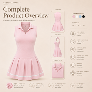 Vestido de tenis sin mangas de poliéster para mujer, con cremallera frontal, cuello rosa suave con solapa en contraste, falda plisada, estilo deportivo ajustado. - Product Image 3