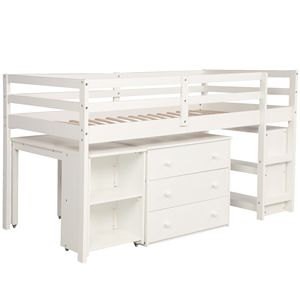 Letto a soppalco singolo bianco con armadio e scrivania portatile su ruote per bambini, letto a soppalco basso per studio (Vecchio SKU LP000113AAK) - Product Image 5