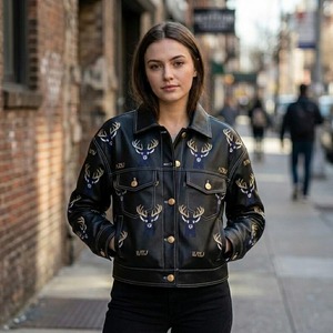 Veste en cuir à imprimé animal pour femme, coupe ample, style streetwear chic et discret, Old Money, automne - Product Image 3