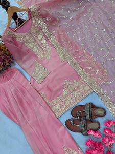 Ensemble de costume palazzo brodé en soie NC Moss de qualité supérieure avec travail de sequins de 5 mm, vêtements ethniques pour femmes, qualité d'exportation - Product Image 4
