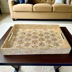 ถาดเสิร์ฟเปลือกหอยมุกเคลือบแลคเกอร์ ถาดไม้ตกแต่งฝังมุก ถาดออตโตมันมีหูจับ - Product Image 5