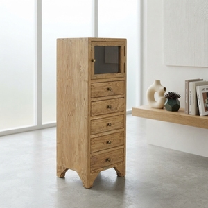Solid Wood Storage Drawer <b>Cabinet</b> Modern Rustic Glass Door 5 Drawer Chest Natural Teak Style Wooden Drawers Carts Furniture - Product Image 2