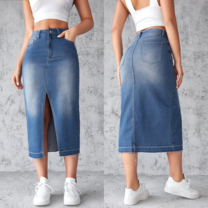 Jupe crayon en jean taille haute longueur mi-mollet avec fente avant pour femme - Product Image 2