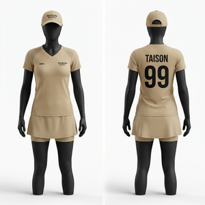 Tenue de squash pour femmes, matière de qualité supérieure, 150 GSM, polyester respirant à séchage rapide, ensemble beige, logo et numéro personnalisés imprimés. - Product Image 1