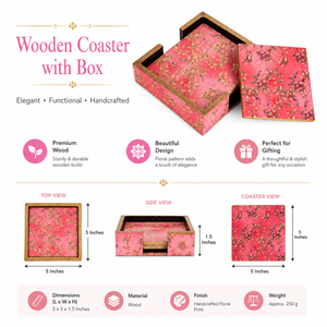 Handcrafted Oriental Wooden Square Printed <b>Tea</b> <b>Coaster</b> Set Washable Decorative Floral Table <b>Coasters</b> - Product Image 5