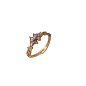 แหวนเปิดประดับพลอยหยกสี่แฉกสีม่วงวินเทจ - Product Image 1