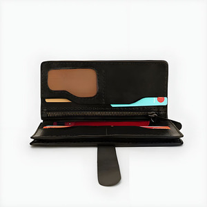 Portefeuille long classique noir pour homme en cuir véritable avec poche pour téléphone, fermeture éclair, emplacements pour cartes, compartiment pour billets et fenêtre pour carte d'identité - Product Image 2