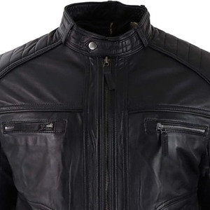 เสื้อแจ็คเก็ตหนังแท้ 100% แบรนด์ High Street Custom สำหรับผู้ชาย แบบมีซิป คอตั้ง ผ้าแคนวาสสำหรับฤดูหนาว มีกระเป๋า  ย้อมสีพื้น  บริการ OEM - Product Image 1