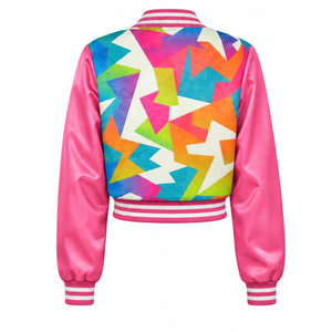 Chaqueta Varsity con Estampado Geométrico para Mujer, Chaqueta Bomber Rosa Satinada, Estilo Casual de Primavera, Manga Larga, Cuello Camisero, Material de Poliéster - Product Image 3