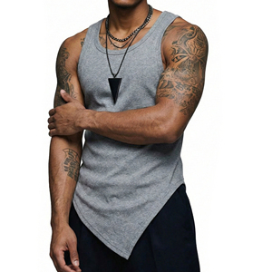 Camisetas sin mangas OEM para hombre, estilo urbano, de corte largo con dobladillo puntiagudo, personalizables, lisas, acanaladas, de ajuste muscular, para pedidos al por mayor - Product Image 5