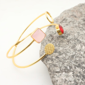 Fashion 18K Gold Plated Open <b>Bangle</b> <b>Bracelet</b> Women Geometric Cuff Jewelry Garnet Quartz and Rose Quartz Gemstone - Gift for her - Product Image 6