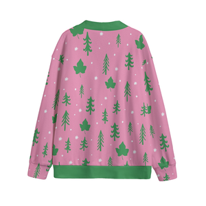 Cardigan en polaire tricoté rose et vert à col en V pour l'hiver, inspiré de la sororité Hacci Fleece, avec logo frontal stylisé Arbre et Lierre - Product Image 3