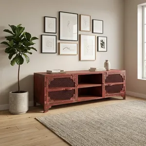 Meuble TV vintage industriel en bois massif avec portes en treillis métallique, étagère de rangement ouverte, fait main pour la maison, l'hôtel, la ferme - Product Image 3
