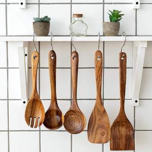 Juego de utensilios de cocina de madera natural de venta directa de fábrica, espátula, cuchara, volteador, cucharón, chapado en oro rosa con efecto espejo - Product Image 5