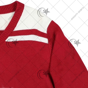 Custom Greek Life knit Women's Vintage style Red V neck <b>cardigan</b> <b>sweater</b> with white stripes - Product Image 4