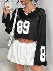 Camiseta Corta de Mujer con Estampado de Serigrafía, Top de Color Liso de Spandex/Algodón, Camiseta Deportiva Holgada para Mujer - Product Image 2