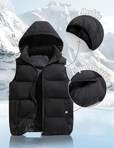 Gilet d'hiver à capuche pour homme avec fermeture éclair, coupe-vent, sans manches, matelassé, décontracté, noir uni, en polyester rembourré - Product Image 1