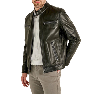 <b>Men</b> Premium Leather Moto Jacket Stand Collar Zipper Closure Slim Fit Black Regular Sleeve Autumn Style - Product Image 3