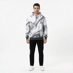 <b>Mens</b> <b>White</b> Gray Pullover Hoodie With Abstract Marble Swirl Print Custom Streetwear <b>Sweatshirt</b> - Product Image 1