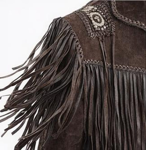 Chaqueta de Cuero Genuino para Hombre, Hecha a Mano, Estilo Vaquero Occidental Vintage con Flecos, Patrón Bordado y Logotipo Personalizado - Product Image 4