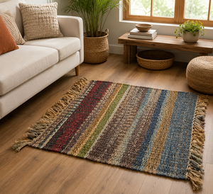 Tapis tissé à la main en chanvre multicolore à rayures, tapis bohème à franges tissé à plat fait main pour salon, chambre à coucher, décoration intérieure - Product Image 1