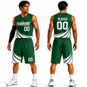 Conjunto de Uniforme de Baloncesto Unisex Personalizado Verde Blanco con Serigrafía, Camiseta sin Mangas con Cuello en V y Pantalones Cortos que Absorben la Humedad - Product Image 1