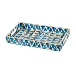 Mosaic Inlaid Tray, Geometric Triangle Mother of Pearl Inlaid Wooden Tray, Ocean Blue Serving Tray with <b>Handles</b> - Product Image 2