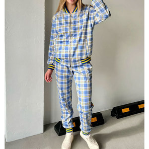 Conjunto Deportivo a Cuadros para Mujer, Manga Larga, Cierre Frontal con Cremallera, Pantalones Casuales con Bolsillos Laterales, Transpirable, de Poliéster, para Otoño - Product Image 1