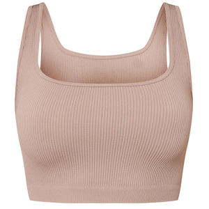 Conjunto de sujetador deportivo acanalado sin costuras para mujer, con cuello asimétrico y tirantes finos, leggings de yoga de soporte ligero, color liso. - Product Image 3