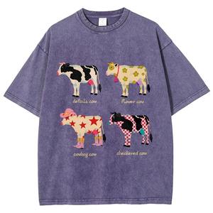 T-shirt unisexe d'été vintage imprimé vache et cowboy, délavé à l'acide, en coton décontracté, style Y2K années 90 rétro pour homme et femme - Product Image 1