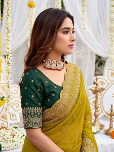 AARA Fashion Green Embroidered Silk Saree <b>Blouse</b> for Women Wedding Traditional Floor Length Regular Fit Sun Protection India - Product Image 3