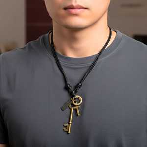 18K Gold Plated Number Pendant-2.5-Inch Stainless Steel Key of Faith with Adjustable Leather <b>Rope</b> for Men & Boys - Product Image 1