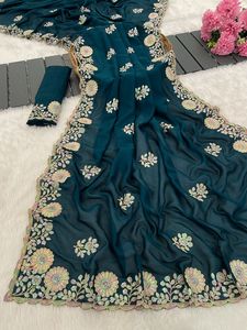 Indian Traditional Ethnic Vichitra Silk <b>Saree</b> with Embroidery Work for Women Wedding Party Wear Elegant Outfit - Product Image 5