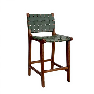 Premium Solid Teak Bar Chair with Woven <b>Leather</b> Seat Wooden Bar <b>Stool</b> for Restaurant Hotel and Cafe - Product Image 1