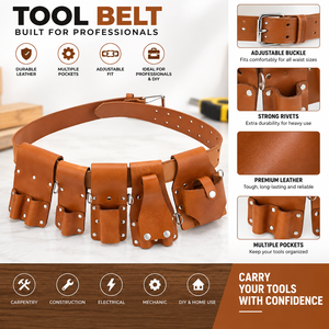 Ceinture à outils en cuir de qualité supérieure, robuste, avec plusieurs poches, taille réglable, pour charpentier professionnel, électricien, organiseur d'outils - Product Image 2
