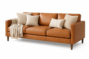 Elegant Cognac Leather <b>Sofa</b> 3 Seat Mid Century Modern Couch Solid Wood Frame Comfortable Living Room Lounge Furniture - Product Image 3