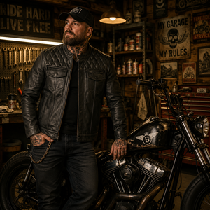 Veste de motard en cuir véritable pour homme, écologique, sans col, design matelassé, fermeture éclair, doublure Paisley, style moto, hiver - Product Image 1
