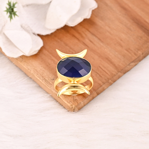 Anillo de Moda con Gema de Latón Azul Tinta para Mujer, Chapado en Oro, Elegante Forma Ovalada, Accesorio de Uso Diario - Product Image 2