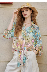 Blusa estampada de verano para mujer, camisa tejida holgada de manga larga con botones, top informal - Product Image 1