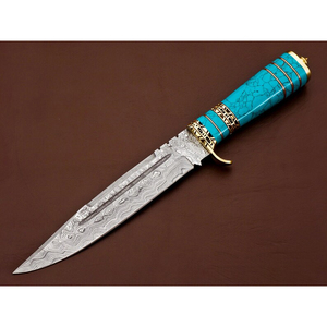 Couteau Bowie Damas fait main, manche en marbre et laiton, lame fixe, étui en cuir - Product Image 1