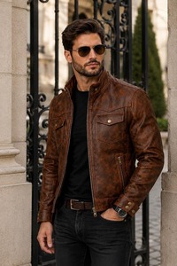 Veste de motard en cuir véritable marron vieilli pour homme, faite à la main, style vintage - Product Image 1