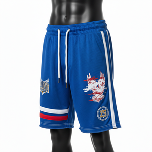 Short de basket-ball pour homme en tissu polyester mesh respirant, couleur bleue, impression par sublimation sur le côté, logo personnalisé. - Product Image 2