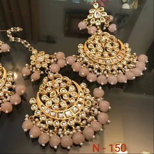 Trendy Customized Design Gold Plated Kundan Drop Earrings Headpiece White Stone Studded Pearl Beads Women Wholesale Price - Product Image 1