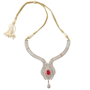 Dual Tone Ruby CZ Diamond Gold Plated Brass Bridal Wedding Jewelry Sparkling <b>Statement</b> <b>Necklace</b> & Earrings Set - Product Image 3