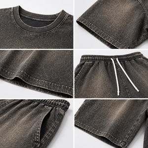 Ensemble coordonné t-shirt et short en coton épais délavé au soleil et à l'acide de qualité supérieure |   Survêtement vintage surdimensionné pour unisexe - Product Image 3