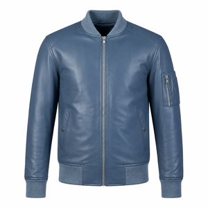 Chaqueta bomber MA-1 clásica de cuero azul para hombre con bolsillo utilitario en la manga, cuello y cinturilla acanalados - Product Image 1