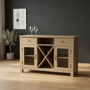 Meuble à vin en bois avec porte vitrée, deux tiroirs, casier à bouteilles intégré et étagères, rangement pour vin pour salon - Product Image 5
