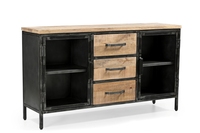 Buffet rustique en bois de manguier brut avec 2 tiroirs et 2 portes vitrées, aspect antique